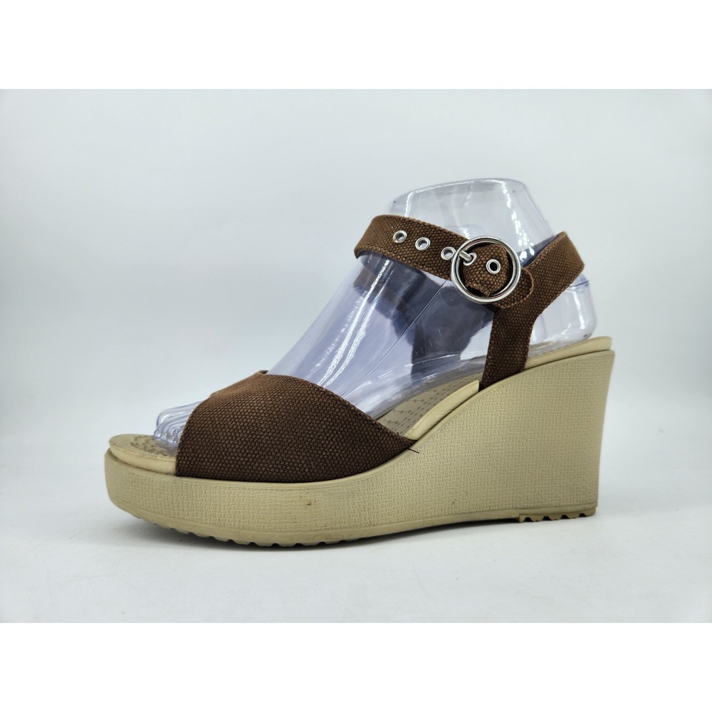 Crocs Hanalei Wedge Sandals Womens 7 Brown Canvas Ankle Strap Platform Peep Toe - Picture 9 of 12